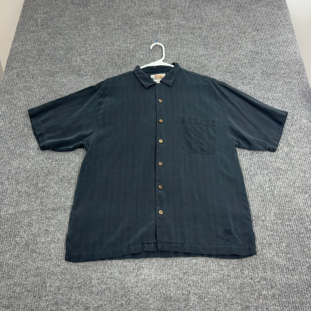 Paradise Cove Shirt Men L Black 100 Silk Grid Palm Tree Embroidered Casual Style